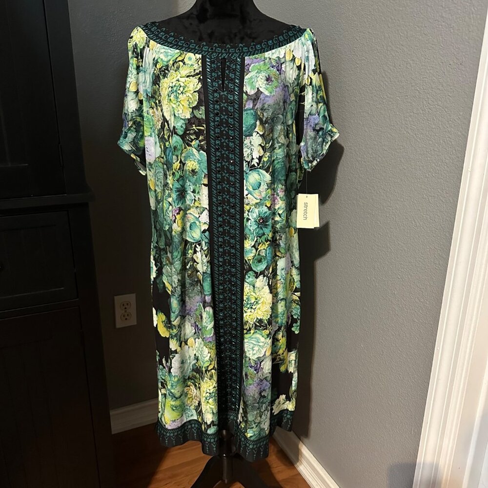 Dress Women's 18W Teal Yellow Floral Embellished Stretch Knit Plus Size NWT